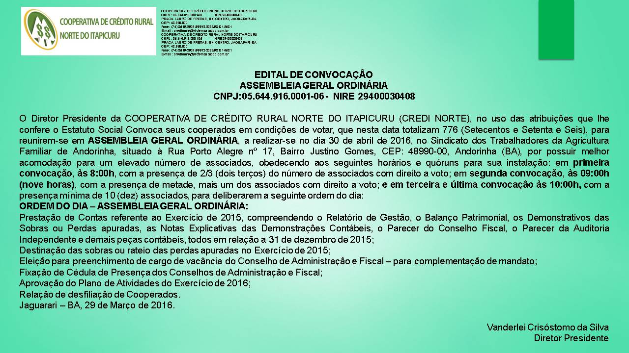 COOPERATIVA Credi Norte do Itapicuru – CONVOCAÇÃO
