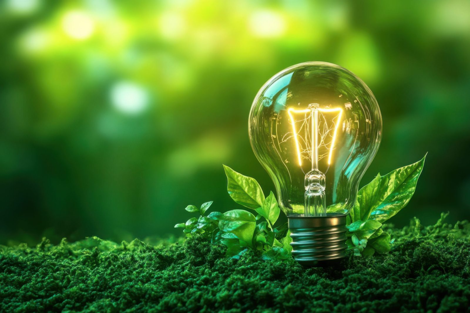 Lâmpada acesa na floresta como conceito de energia renovável